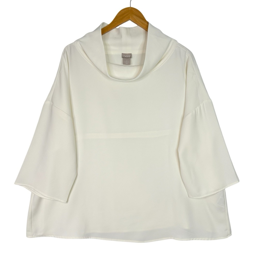 Chico's‎ Cowl Neck Blouse Womens 3 US 16 18 Ivory Soft Knit Wide Sleeve Top